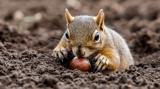 A squirrel burying an acorn in the soil with its paws.