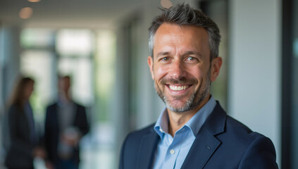Fototapeta premium Confident senior businessman smiling in modern office corridor