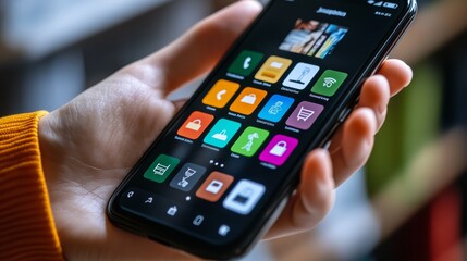 A hand holding a smartphone displaying a colorful app interface with various icons on a dark background.