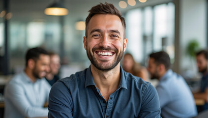Obraz premium Smiling man in modern office surrounded by diverse coworkers