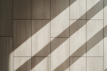 Obraz premium sleek minimalist wall of pale wooden panels with long shadows creating serene atmosphere. light enhances texture and pattern of wood, adding depth