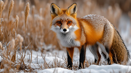 Fototapeta premium Red fox standing in snowy grassland during winter