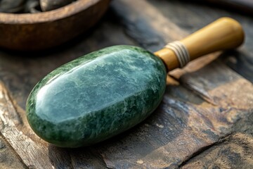 Polished green nephrite jade stone with wooden handle resting on a rustic wooden surface, highlighting the natural beauty of the mineral