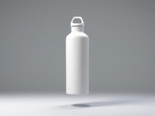 A minimalist design of a white water bottle floating in a neutral background, representing hydration and simplicity.