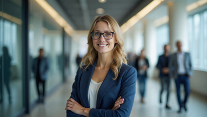 Fototapeta premium Confident blonde woman in glasses smiling in a corporate hallway