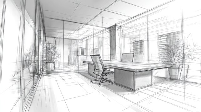 A minimalist office sketch featuring spacious areas, plants, and modern furniture for a professional atmosphere.