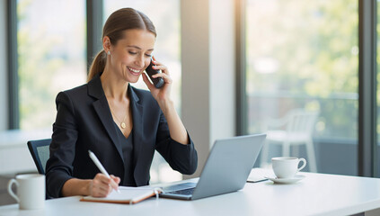 Professional businesswoman talking on the phone and taking notes in bright office