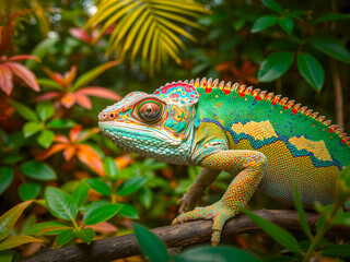 Colorful chameleon on the tree in the garden