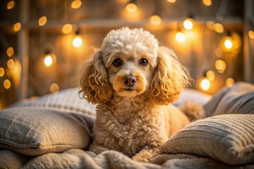 Cozy Miniature Poodle Awaiting Owners on a Soft Bed in a Warm, Inviting Bedroom, Capturing the Essence of Pet Love and Comfort in a Home Setting