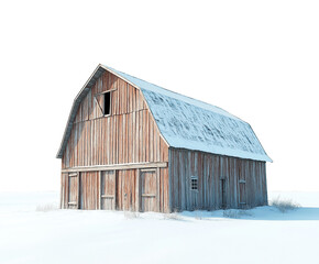 old rustic wooden gambrel barn in the snow, isolated on white background, weathered wood barn in winter, cutout png