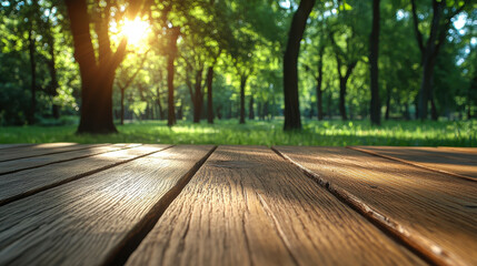 Obraz premium serene wooden deck in lush green forest, illuminated by sunlight filtering through trees, creating peaceful atmosphere. Perfect for relaxation and nature appreciation