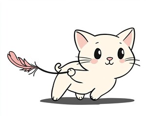 Mischievous Kitten Chasing Feather Toy in Playful and Spirited Pose on White Background
