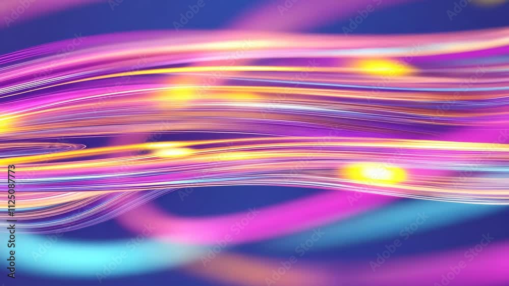 Poster vibrant waves of light and color in abstract motion with soft glows and fluid patterns