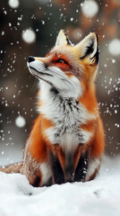 Fototapeta premium Red fox sitting in snowfall, looking upwards in snowy forest