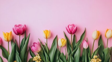 Fototapeta premium Spring floral flat lay with peonies and tulips on pink gradient background