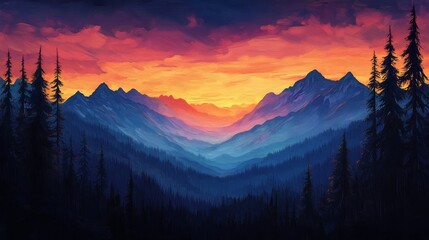Majestic Mountains Sunset Over Silhouetted Forest