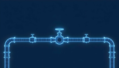Abstract Industrial Pipeline System:  Glowing Wireframe Pipes and Valves in a Dark Blue Background