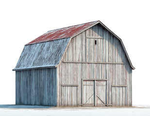 old rustic red wooden barn in the snow, isolated on white background, weathered wood barn in winter, cutout png