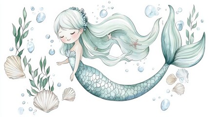 Enchanting Watercolor Mermaid Frolicking in Underwater Seascape