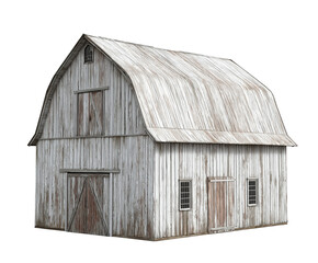 old rustic wooden gambrel barn, isolated on white background, weathered wood barn, cutout png