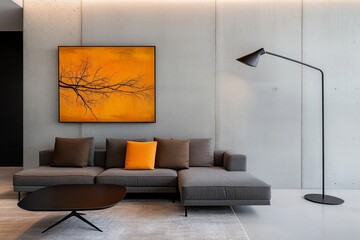 A sophisticated living room featuring an ebony coffee table with minimalist decor, surrounded by plush seating