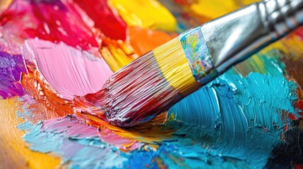 Obraz premium A close-up of a paintbrush blending vibrant acrylic paint colors on a wooden palette.
