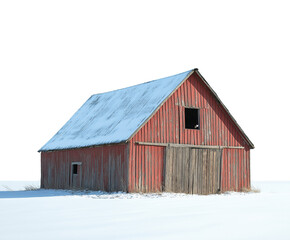 Obraz premium old rustic red wooden barn in the snow, isolated on white background, weathered wood barn in winter, cutout png