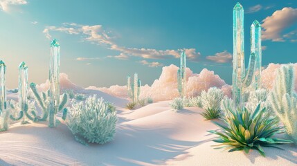 Surreal desert landscape with crystal cacti and soft sand dunes under a vibrant sky.