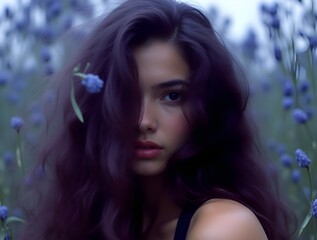Naklejka premium confident woman with sleek dark hair in a natural setting