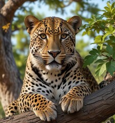 Obraz premium Leopard's head resting on a leafy branch of the marula tree, leopard, leaf