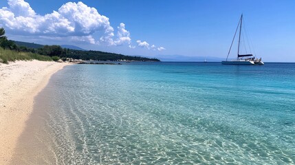 Serene View of a Sailboat on Crystal Clear Water Under a Bright Blue Sky with Fluffy Clouds and a Sandy Beach in the Distance