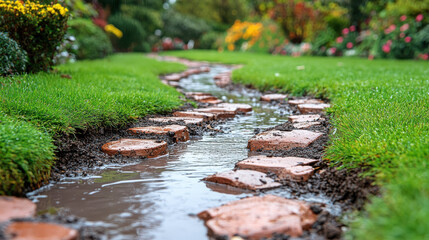 Fototapeta premium serene garden pathway with winding stream, bordered by lush green grass and vibrant flowers, creates peaceful atmosphere. wet stones add charm to this tranquil scene