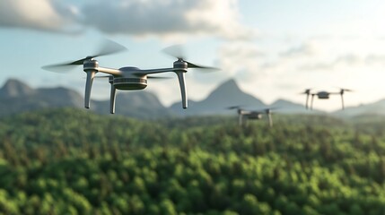 Futuristic Landscape with Wind Turbines and Autonomous Drones in the Skies