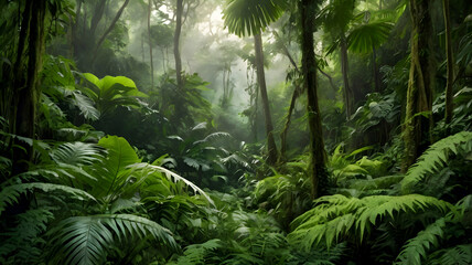 Lush Rainforest Landscape: A Serene Tropical Jungle Enchanting Green Canopy
