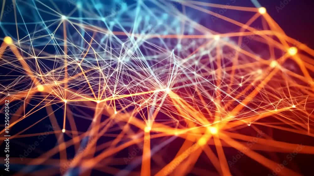 Poster abstract network visualization with bright colorful lines and nodes on a dark background