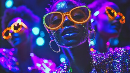 Glowing Neon Party with Vibrant Guests in Stylish Accessories