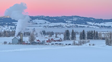 Winter Landscape with Farm Buildings and Cows Against a Colorful Dawn Sky
