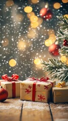 Snowy christmas tree with red and gold ornaments and gift boxes