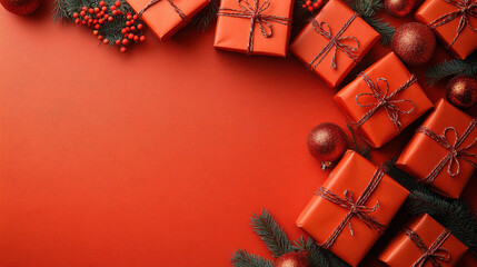 Naklejka premium Bright red gift boxes arranged with festive decorations create cheerful holiday atmosphere, perfect for adding text or graphics. Ideal for seasonal promotions or greetings