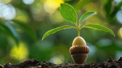 A sprouting acorn with a small green shoot emerging against a natural background.