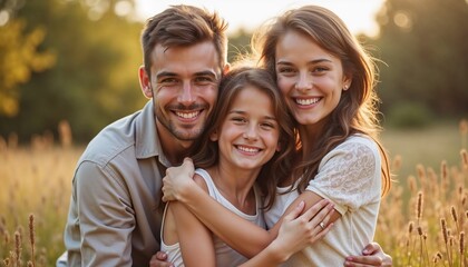 Joyful portrait of a hugging family&mdash;mother, father, and daughter&mdash;against a beautiful natural background