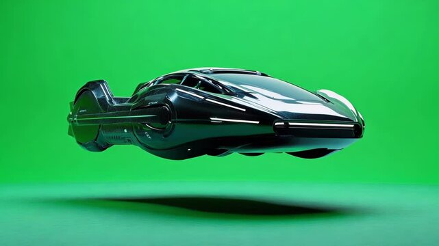 A stylish hover car with a futuristic aesthetic captured in flight on a verdant background. Green screen chromakey