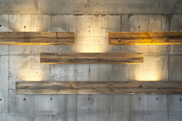 Textured concrete wall with embedded wooden shelves illuminated softly. warm light enhances natural wood grain, creating modern and inviting atmosphere