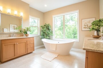 Elegant modern bathroom featuring a freestanding tub and abundant natural light in a serene setting