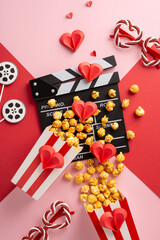 A vertical flat lay of romantic movie night essentials including popcorn, heart decorations, and a movie clapperboard on a pink and red background