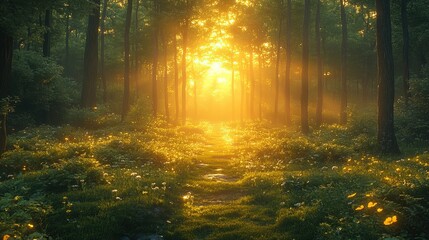 Obraz premium Sunlit path through misty forest with wildflowers.
