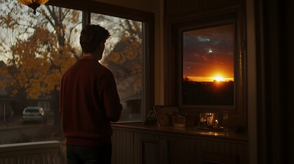 man standing in front of a mirror, his reflection overlaid with an image of a romantic sunset, symbolizing self-reflection and understanding in dating. [men's]:[dating advice] 