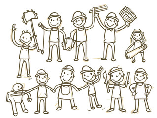 Children hand drawn team of happy workers stick figure illustration on a white background. 