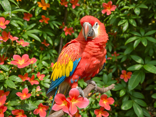 Obraz premium beautiful Scarlet macaw sitting on a branch with flowers in the background
