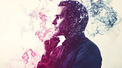 man in deep thought, with his profile overlaid with abstract visual elements of love letters and romantic conversations, signifying the importance of meaningful dialogue in dating. [men's]:[dating 